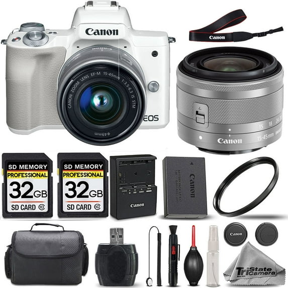 Canon EOS M50 (Kiss-M) SLR Camera (White) + Canon EF-M 15-45mm IS STM Lens + 2 Of 32GB Class 10 SDHC Flash Memory Card + 58mm UV Protection Filter (International Version)