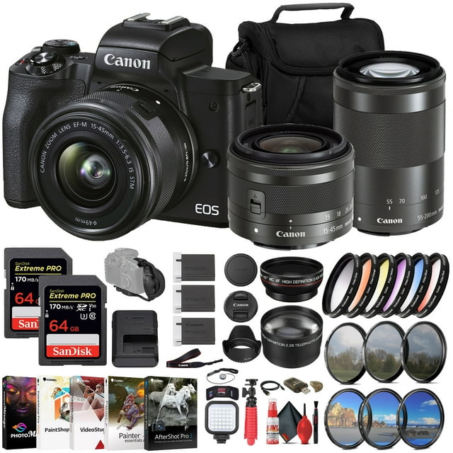 Canon EOS M50 Mark II with 1545mm & 55200mm Lenses, 2 64GB Memory Cards, Filters, Batteries+