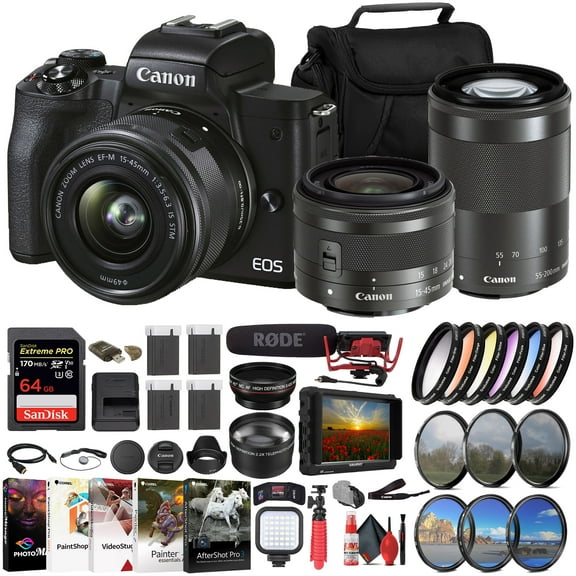 Canon EOS M50 Mark II Mirrorless Camera 24.1MP 4K + 15-45mm & 55-200mm Lens Bundle Creator Kit (International Model)