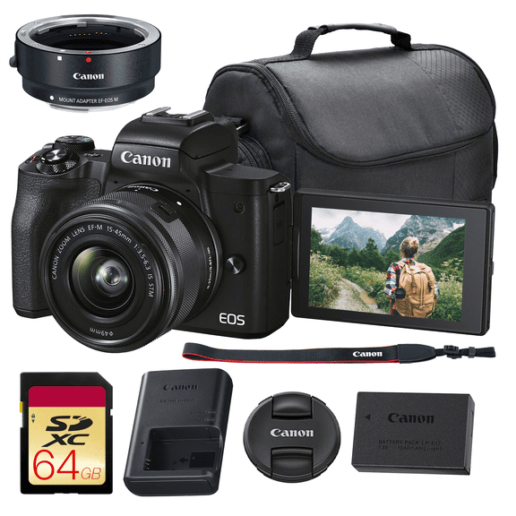 Canon EOS M50 Mark II Mirrorless Camera with 15-45mm Lens (Black) | 24.1MP APS-C, Dual Pixel CMOS AF, 4K Video & Vari-Angle Touchscreen | For Vlogging & Content (4728C006) + Adapter EF-EOS R + More