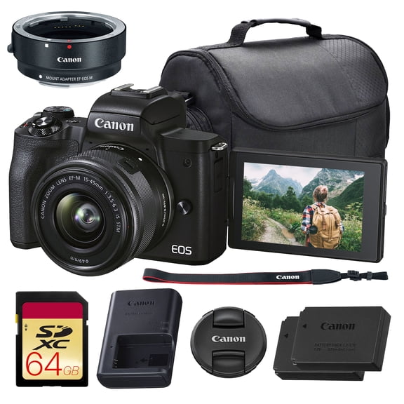 Canon EOS M50 Mark II Mirrorless Camera with 15-45mm Lens (Black) | 24.1MP APS-C, Dual Pixel CMOS AF, 4K Video & Vari-Angle Touchscreen | For Vlogging & Content (4728C006) + Adapter EF-EOS R + More