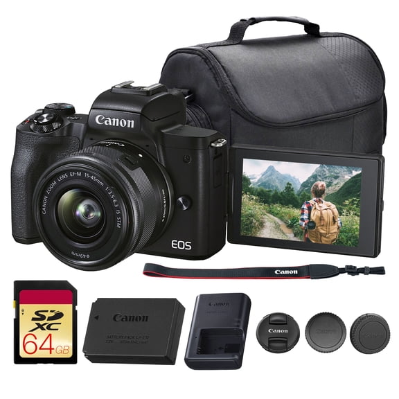 Canon EOS M50 Mark II Mirrorless Camera with 15-45mm Lens (Black) | 24.1MP APS-C Sensor, Dual Pixel CMOS AF, 4K Video & Vari-Angle Touchscreen | For Vlogging & Content (4728C006) + 64GB Card + Bag