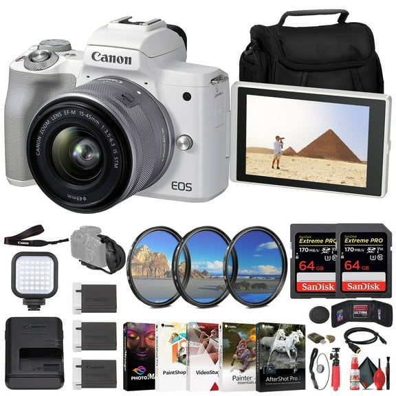 Canon EOS M50 Mark II Mirrorless Camera with 15-45mm Lens White 2 x 64GB Memory Card Filter Kit Charger 2 x LPE12 Battery Card Reader LED Light Corel Photo Software International Model