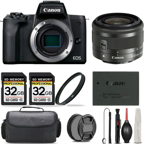 Canon EOS M50 Mark II Mirrorless Camera (Black) + 15-45mm f/3.5-6.3 IS STM Lens (Graphite) + UV Filter + 64GB + Bag & More! (International Version)