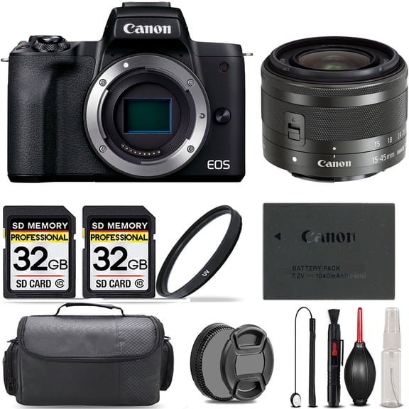 Canon EOS M50 Mark II Mirrorless Camera (Black) + 15-45mm f/3.5-6.3 IS STM Lens (Graphite) + UV Filter + 64GB + Bag & More! (International Version)