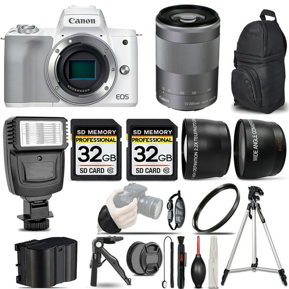 Canon EOS M50 Mark II Mirrorless Camera (White) +55-200mm f/4.5-6.3 IS STM Lens (Silver) +Flash +64GB- Kit