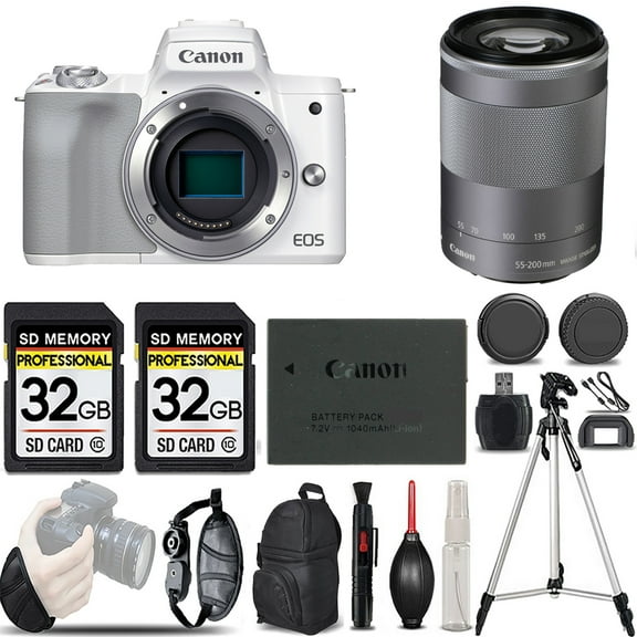 Canon EOS M50 Mark II Mirrorless Camera (White) +55-200mm f/4.5-6.3 IS STM Lens (Silver) -LOADED KIT