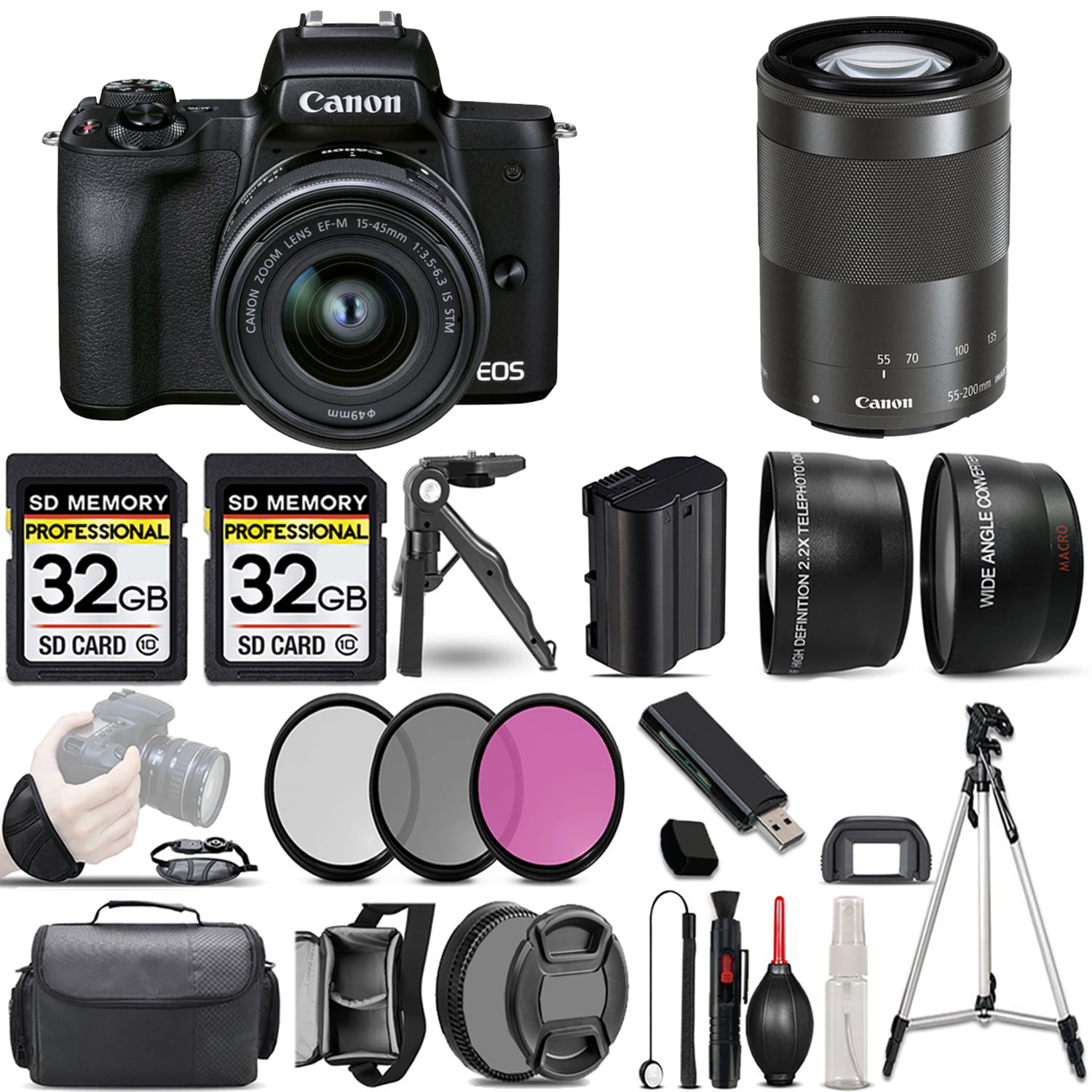 Canon EOS M50 Mark II Mirrorless Camera with 15-45mm Lens (Black) +55-200mm  f/4.5-6.3 IS STM Lens (Black) +3 PC Filter +64GB 