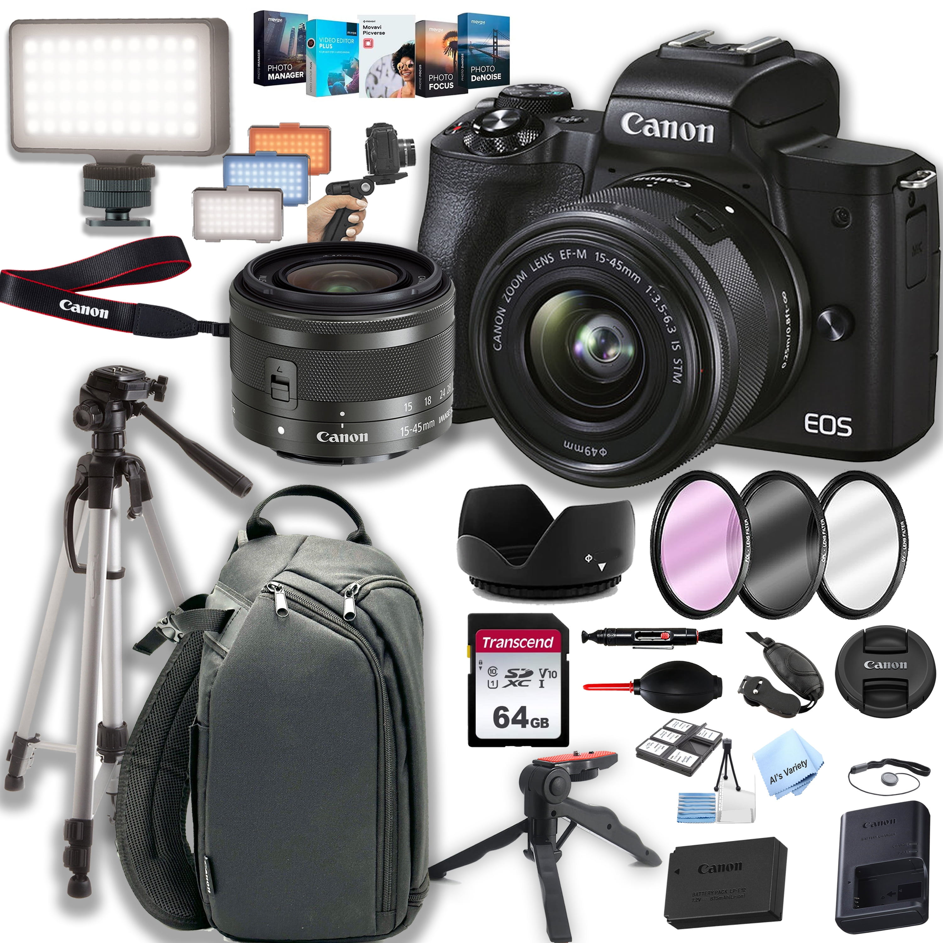  Canon EOS M50 Mark II Mirrorless Camera with 15-45mm and  55-200mm Lenses (Black) (4728C014) + 4K Monitor + Rode VideoMic + 64GB  Memory Card + Color Filter Kit + Filter
