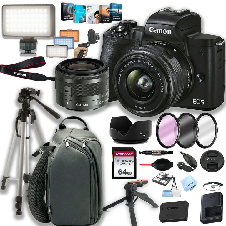 Canon EOS M50 Mark II Mirrorless Digital Camera with 15-45mm Lens + 64GB  Memory + LED Video Light + Canon Sling Case + Steady Grip Pod + Tripod +  Filters + Software + More (34pc Bundle) 