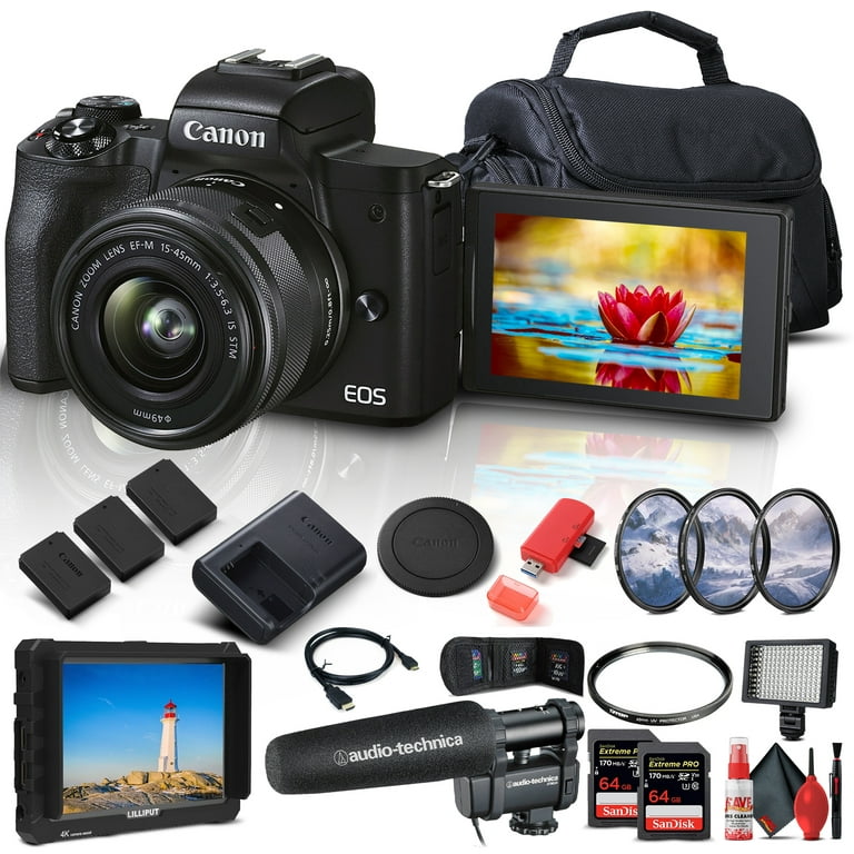 Canon EOS M50 Mark II Mirrorless Digital Camera with 15-45mm Lens (Black)  (4728C006) + 64GB Extreme Pro Card + Extra LPE12 Battery + Case + Card  Reader + Deluxe Cleaning Set + Memory Wallet + More 