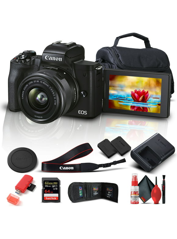 Canon EOS M50 Mark II Mirrorless Digital Camera with 15-45mm Lens (Black) (4728C006), 64GB Extreme Pro Card, Extra LPE12 Battery, Case, Card Reader, Cleaning Set, + More (International Model)