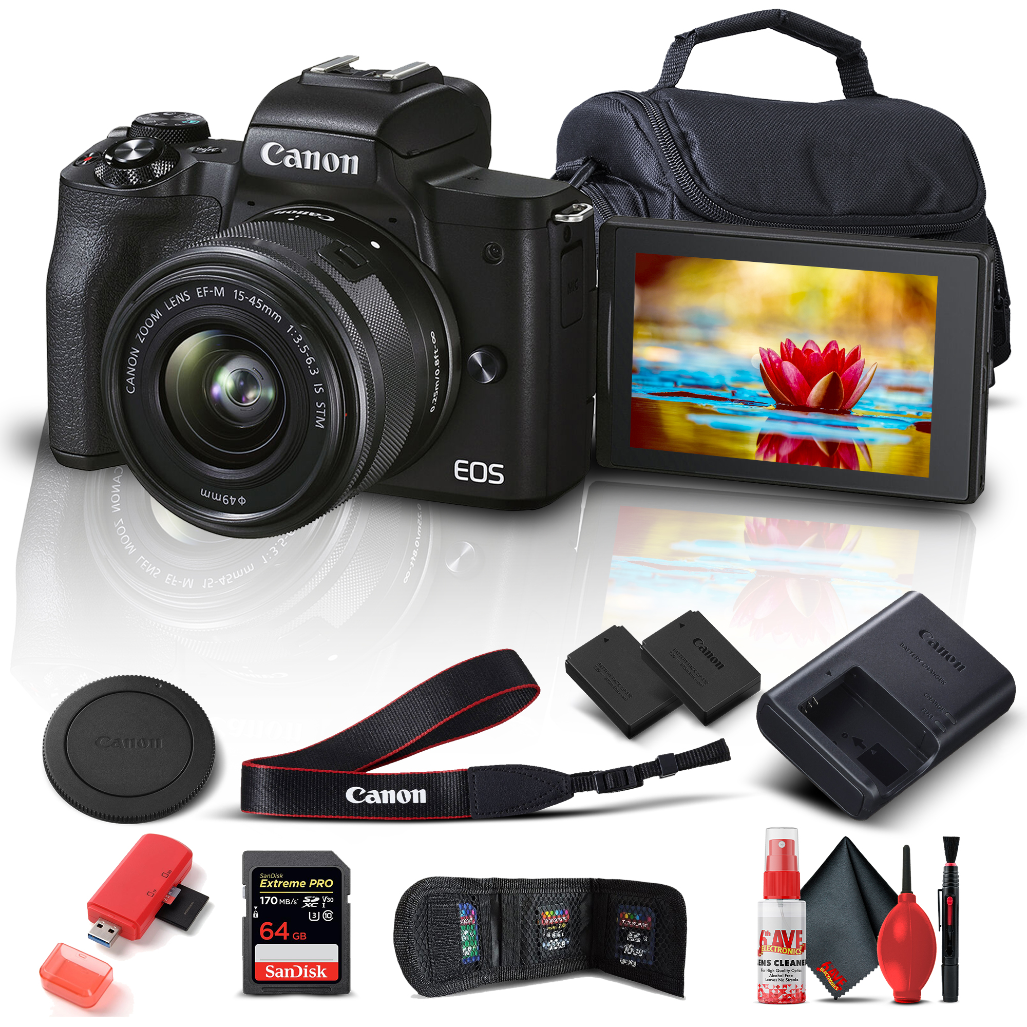 Canon EOS M50 Mark II Mirrorless Digital Camera with 15-45mm Lens (Black) (4728C006) + 64GB Extreme Pro Card + Extra LPE12 Battery + Case + Card Reader + Deluxe Cleaning Set + Memory  Wallet + More - image 1 of 6