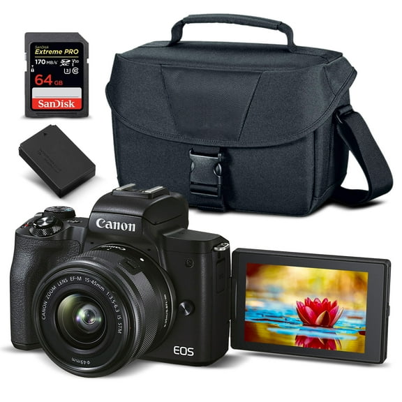 Canon EOS M50 Mark II Mirrorless Digital Camera with 15-45mm Lens + 64GB + Extra Battery + Case + More(International Model)