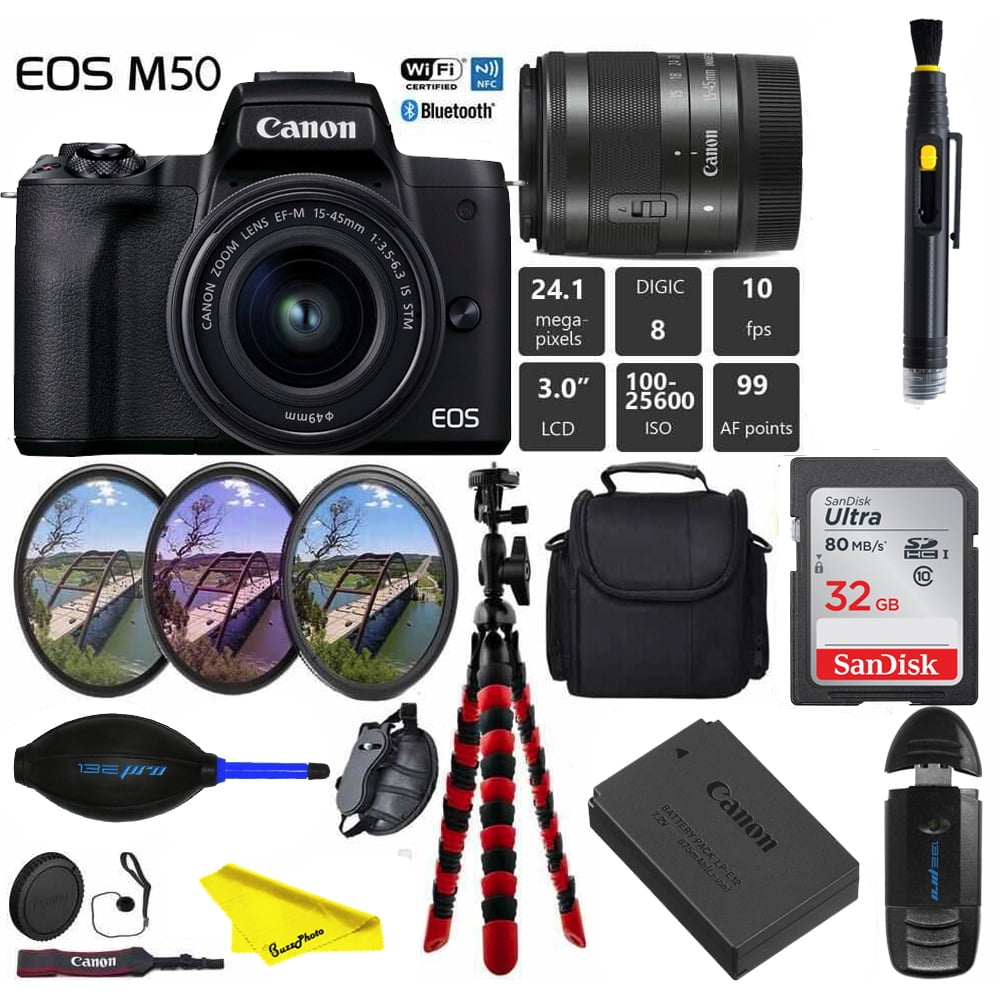 Canon EOS M50 Mark II Mirrorless Digital Camera with 15-45mm Lens (Black)  (4728C006) + 64GB Extreme Pro Card + Extra LPE12 Battery + Case + Card