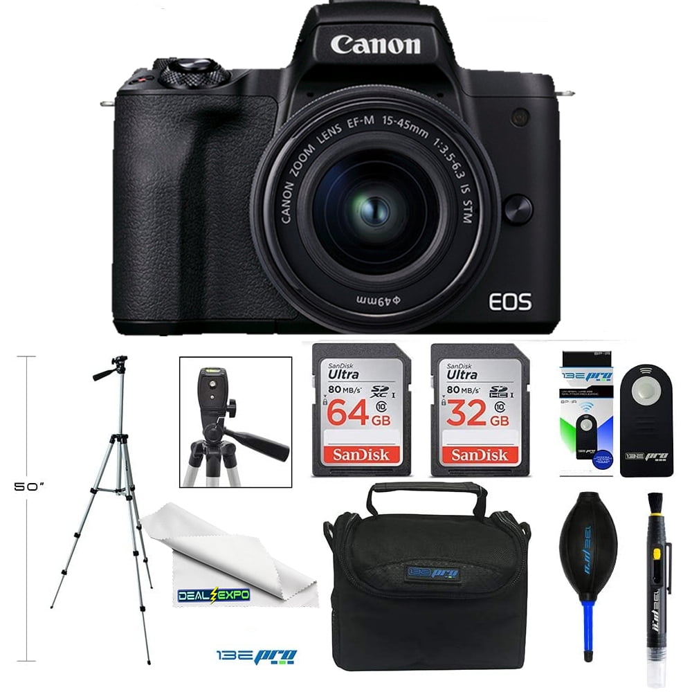 Canon EOS M50 Mark II Mirrorless Digital Camera with 15-45mm Lens (Black)  (4728C006) + 64GB Extreme Pro Card + Extra LPE12 Battery + Case + Card  Reader + Deluxe Cleaning Set + Memory Wallet + More 