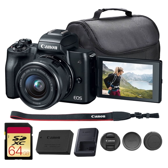Canon EOS M50 Mirrorless Camera with 15-45mm Lens (Black) | 24.1MP APS-C Sensor, Dual Pixel CMOS AF, 4K Video & Vari-Angle Touchscreen | Great for Vlogging & Content (2680C011) + 64GB Card + Bag