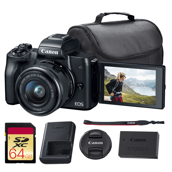 Canon EOS M50 Mirrorless Camera with 15-45mm Lens (Black) | 24.1MP APS-C Sensor, Dual Pixel CMOS AF, 4K Video & Vari-Angle Touchscreen | For Vlogging & Content (2680C011) + 64GB Card + Bag