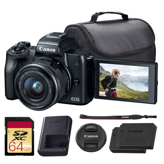 Canon EOS M50 Mirrorless Camera with 15-45mm Lens (Black) | 24.1MP APS-C Sensor, Dual Pixel CMOS AF, 4K Video & Vari-Angle Touchscreen | For Vlogging & Content (2680C011) + 64GB Card + Bag + Battery