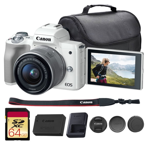 Canon EOS M50 Mirrorless Camera with 15-45mm Lens (White) | 24.1MP APS-C Sensor, Dual Pixel CMOS AF, 4K Video & Vari-Angle Touchscreen | Great for Vlogging & Content (2681C011) + 64GB Card + Bag