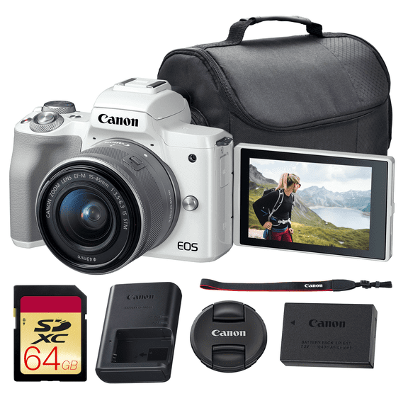 Canon EOS M50 Mirrorless Camera with 15-45mm Lens (White) | 24.1MP APS-C Sensor, Dual Pixel CMOS AF, 4K Video & Vari-Angle Touchscreen | For Vlogging & Content (2681C011) + 64GB Card + Bag
