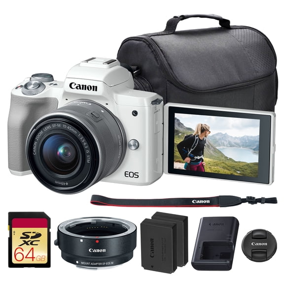 Canon EOS M50 Mirrorless Camera with 15-45mm Lens (White) | 24.1MP APS-C Sensor, Dual Pixel CMOS AF, 4K Video & Vari-Angle Touchscreen | For Vlogging & Content (2681C011) + EF-M Lens Adapter + More