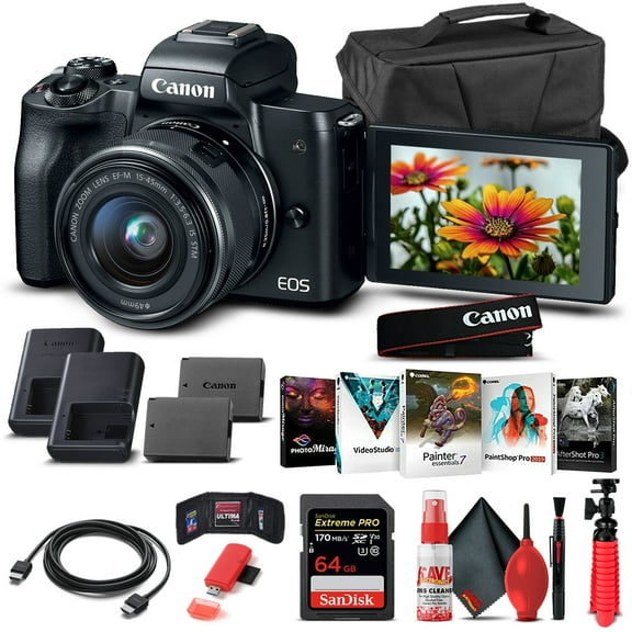 Canon EOS M50 Mirrorless Camera W/ 15-45mm Lens Black 2680C011 - Basic Bundle (International Version)