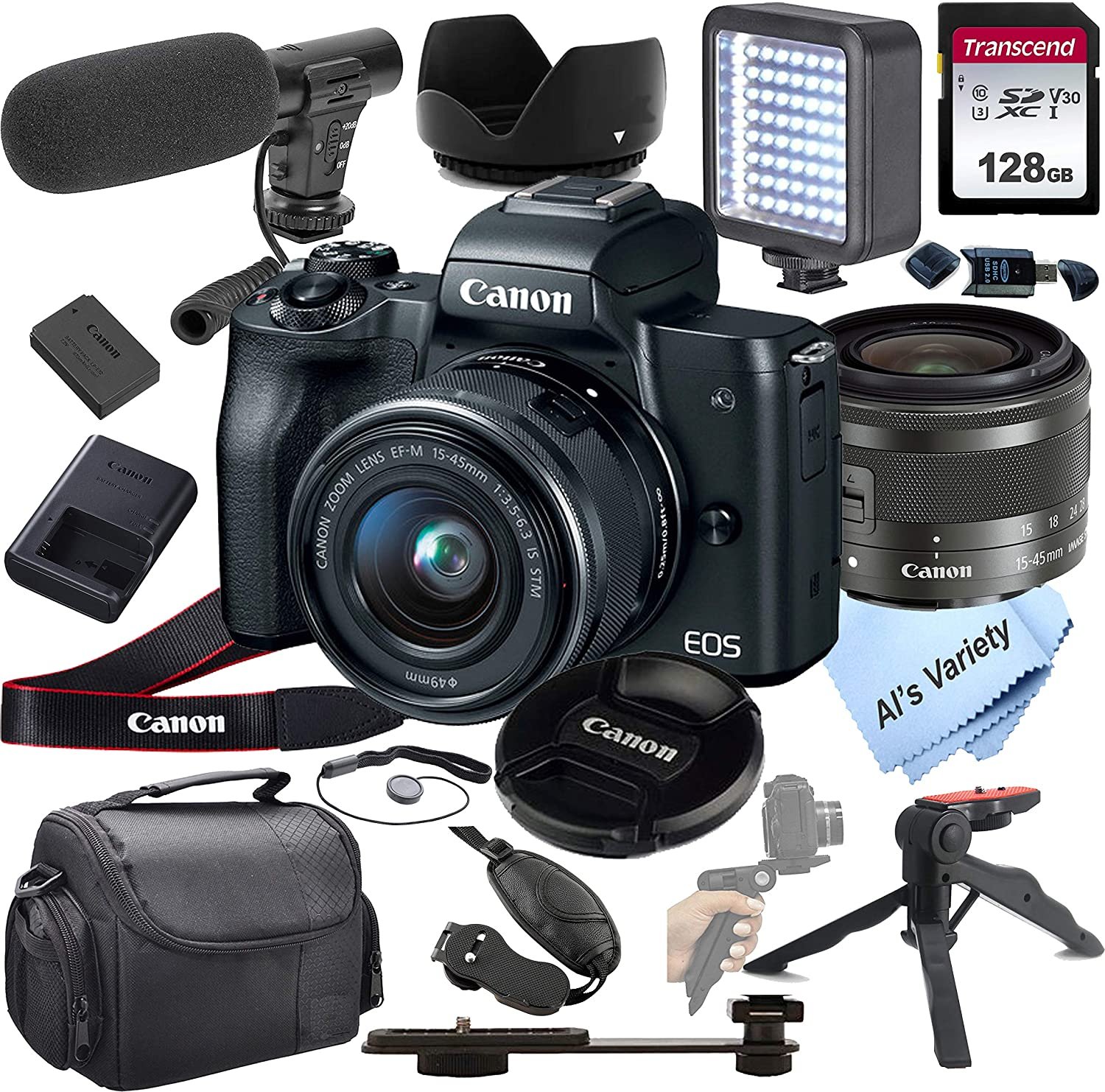 Canon EOS M50 Mirrorless Digital Camera Video Kit with 15-45mm Zoom Lens + Shot-Gun Microphone + LED Always on Light+ 128GB Card, Gripod, Case, and More 18pc Video Bundle - image 1 of 8