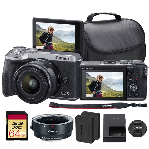 Canon EOS M6 Mark II Mirrorless Camera with 15-45mm Lens (Silver) Bundle | 32.5MP APS-C Sensor, Dual Pixel CMOS AF, 4K Video & High-Speed | For Travel & Content (3612C011) + EF-M Adapter + More