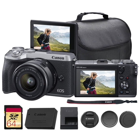 Canon EOS M6 Mark II Mirrorless Camera with 15-45mm Lens (Silver) Bundle | 32.5MP APS-C Sensor, Dual Pixel CMOS AF, 4K Video & High-Speed | For Travel & Content (3612C011) + 64GB Card + Bag