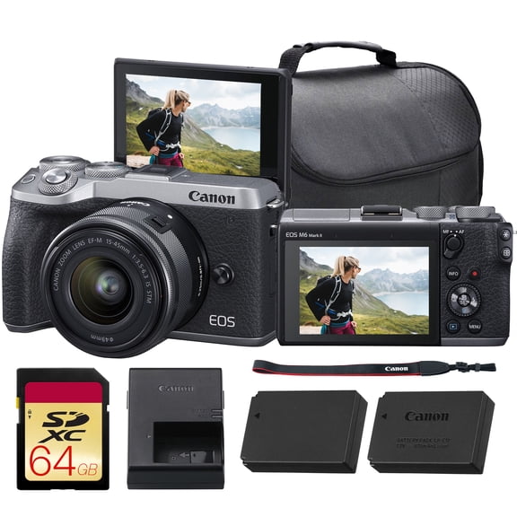 Canon EOS M6 Mark II Mirrorless Camera with 15-45mm Lens (Silver) Bundle | 32.5MP APS-C Sensor, Dual Pixel CMOS AF, 4K Video & High-Speed | For Travel & Content (3612C011) + 64GB Card + More