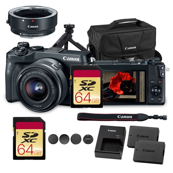 Canon EOS M6 Mirrorless Digital Camera with 15-45mm Lens | 24.2MP APS-C Sensor, Dual Pixel AF & Full HD Video | Travel & Vlogging Camera (1724C011) + Canon EF-M Lens Adapter + HG-100TBR Grip + More