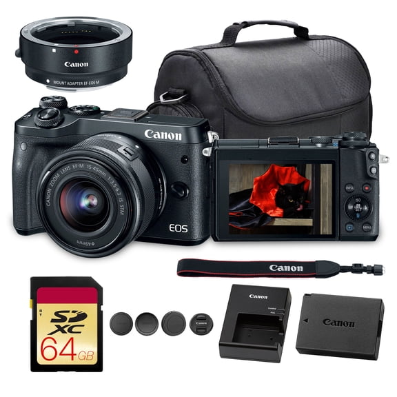Canon EOS M6 Mirrorless Digital Camera with 15-45mm Lens | 24.2MP APS-C Sensor, Dual Pixel AF & Full HD Video | Travel & Vlogging Camera (1724C011) + Canon EF-M Lens Adapter + 64GB Memory Card + Bag