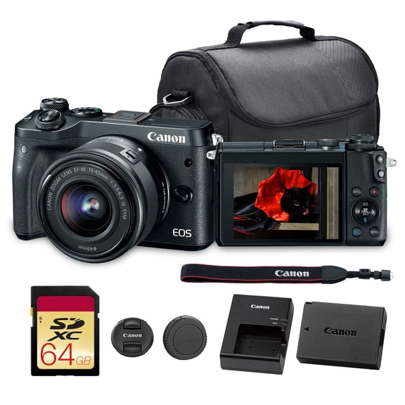 Canon EOS M6 Mirrorless Digital Camera with 15-45mm Lens | 24.2MP APS-C Sensor, Dual Pixel AF & Full HD Video | Travel & Vlogging Camera (1724C011) + Canon Shoulder Bag + 64GB Memory Card