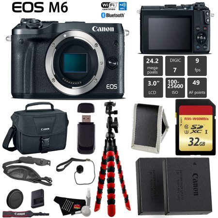 Canon EOS M6 Mirrorless Digital Camera (Black, Body Only) + 32GB Class 10 Memory Card + LED + Canon Camera Case + Flexible Tripod + Extra Battery - Intl Model