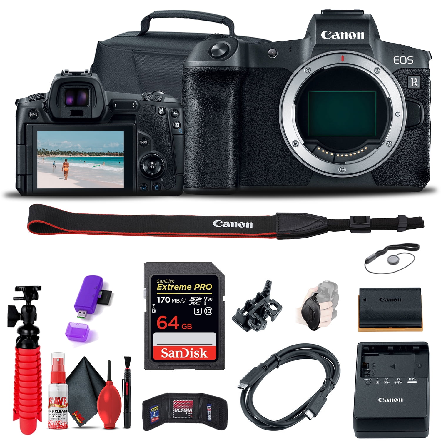 Canon EOS R Mirrorless Digital Camera Body Only (3075C002), 64GB Memory  Card, Case, Card Reader, Flex Tripod, Hand Strap, Cap Keeper, Memory  Wallet, Cleaning Kit 