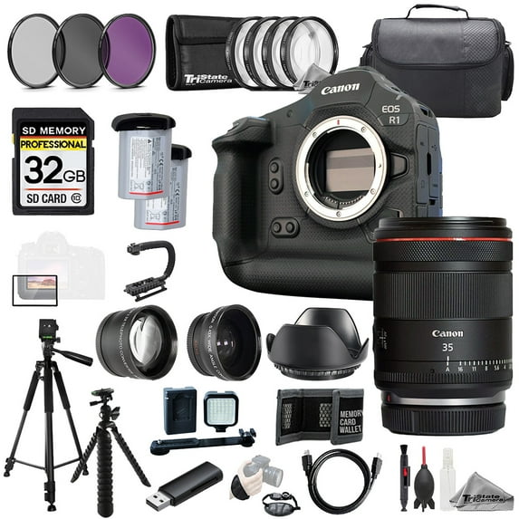 Canon EOS R1 Camera + RF 35mm f/1.4 L VCM Lens +32GB+Ext Bat+9 PC Filtr-MEGA Kit (International Version)