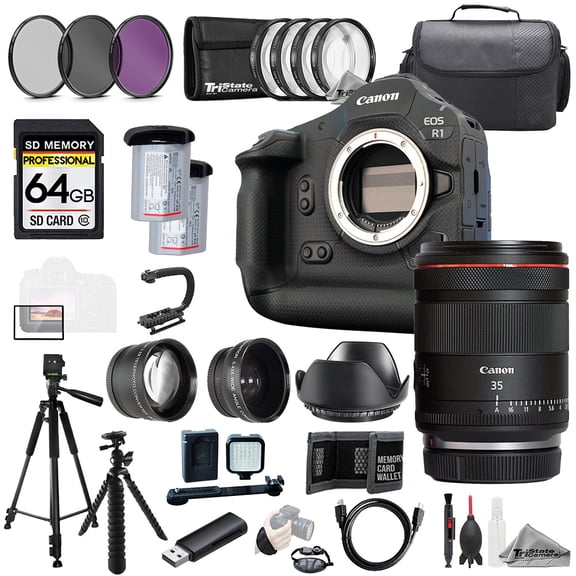Canon EOS R1 Camera + RF 35mm f/1.4 L VCM Lens+64GB+Ext Bat+9 PC Filter-MEGA Kit (International Version)