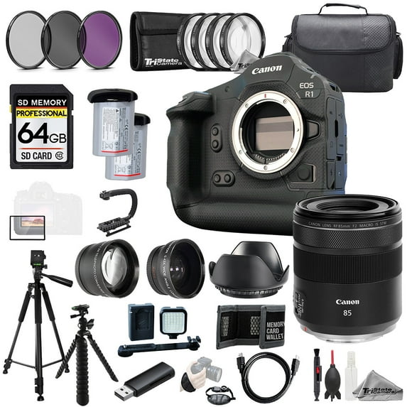 Canon EOS R1 Camera + RF 85mm f/2 Macro IS STM Lens+64GB+Ext Bat+9 PC Filter-MEGA Kit (International Version)