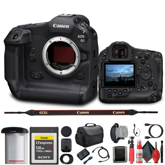 Canon EOS R1 Mirrorless Camera - 24MP Full-Frame Stacked BSI CMOS Sensor 128GB CFexpress Card Bag Flex Tripod Cleaning Kit Memory Wallet Hand Strap Cap Keeper HDMI Cable International Model