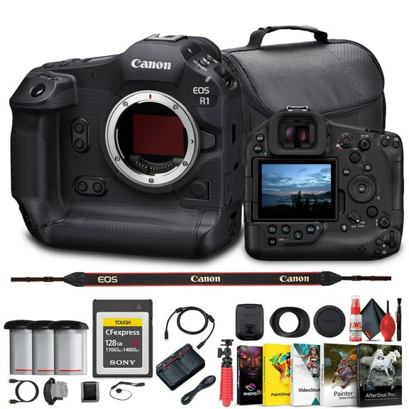 Canon EOS R1 Mirrorless Camera - 24MP Full-Frame Stacked BSI CMOS Sensor 6577C002 128GB CFexpress Card Bag Photo Editing Software 2 x LPE-19 Battery Flex Tripod Cleaning Kit International Model