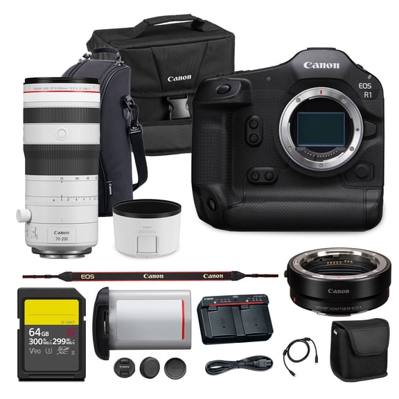 Canon EOS R1 Mirrorless Camera Flagship Full Frame 24.2MP Sensor 6K Video Dual Pixel AF High Speed Shooting Professional (6577C002) | Canon RF 70-200mm f/2.8 Lens | 240GB Card | Adapter EF-EOS R