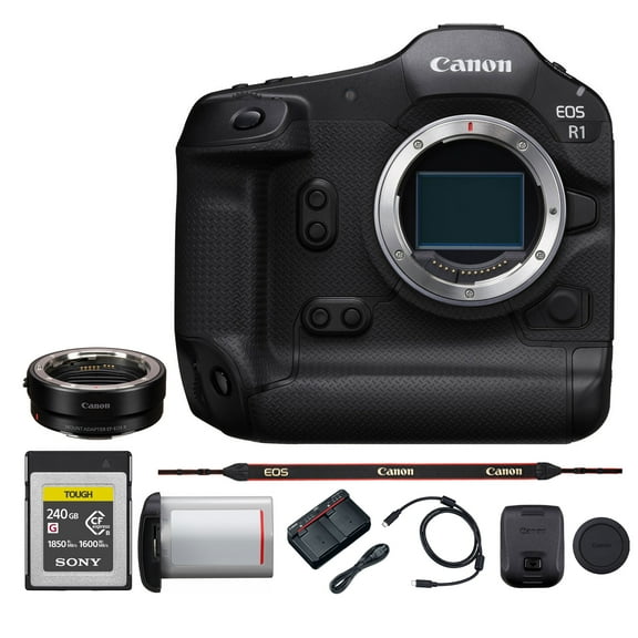 Canon EOS R1 Mirrorless Camera – Flagship RF-Mount Camera with High-Speed Stacked Sensor, AI Autofocus & 8K Video (6577C002) + 240GB Memory Card + Canon Adapter EF-EOS R