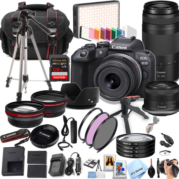 Canon EOS R10 24.2MP APS-C CMOS Sensor Mirrorless Camera with 18-45mm + 75-300mm Lenses + 128GB Extreme Memory, LED Video Light, Wide Angle Lens, Telephoto Lens, Filters- 44pc Pro Bundle