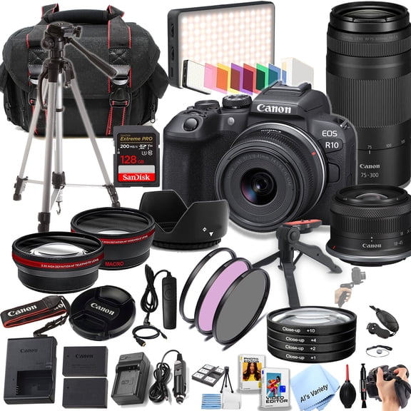 Canon EOS R10 24.2MP APS-C CMOS Sensor Mirrorless Camera with 18-45mm + 75-300mm Lenses + 128GB Extreme Memory Bundle with LED Video Light, Wide Angle Lens (International Version)
