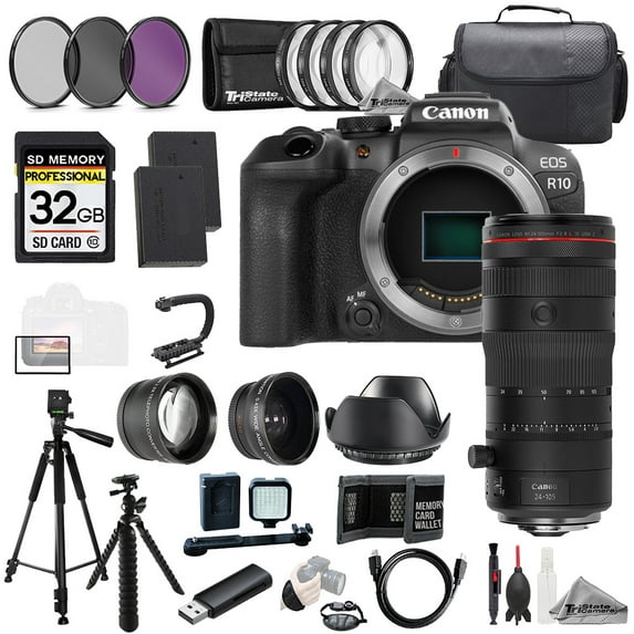 Canon EOS R10 Camera + RF 24-105mm f/2.8 L IS USM Z Lens +32GB+Ext Bat+9 PC Filtr-MEGA Kit (International Version)