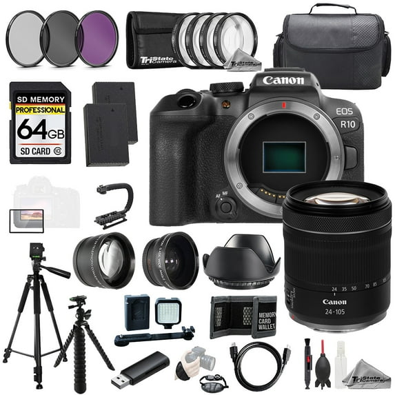 Canon EOS R10 Camera + RF 24-105mm f/4-7.1 IS STM Lens+64GB+Ext Bat+9 PC Filter-MEGA Kit (International Version)