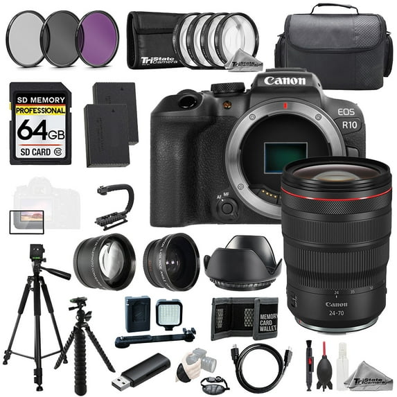 Canon EOS R10 Camera + RF 24-70mm f/2.8L IS USM Lens+64GB+Ext Bat+9 PC Filter-MEGA Kit (International Version)