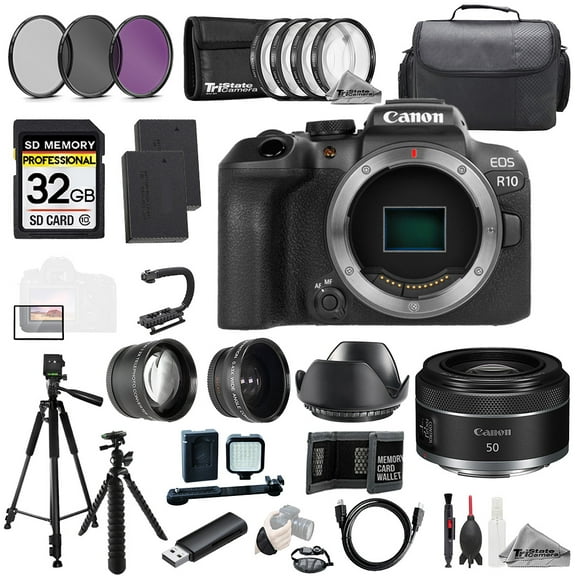 Canon EOS R10 Camera + RF 50mm f/1.8 STM Lens +32GB+Ext Bat+9 PC Filtr-MEGA Kit (International Version)