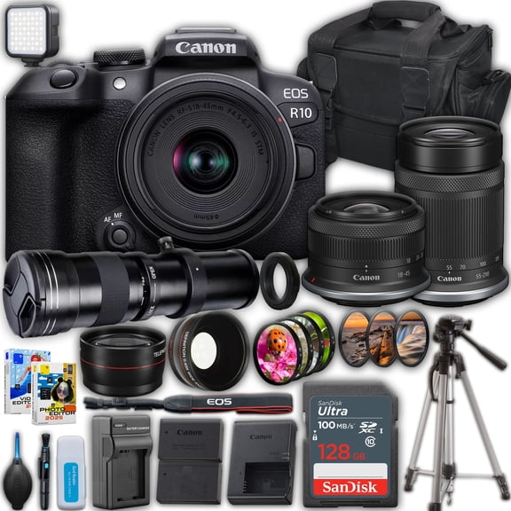 Canon EOS R10 Mirrorless Camera with 18-45mm and 55-210mm Lenses Kit + 420-800mm Super Telephoto Lens + SanDisk 128 GB Memory Card + Camera Case + More (International Version)